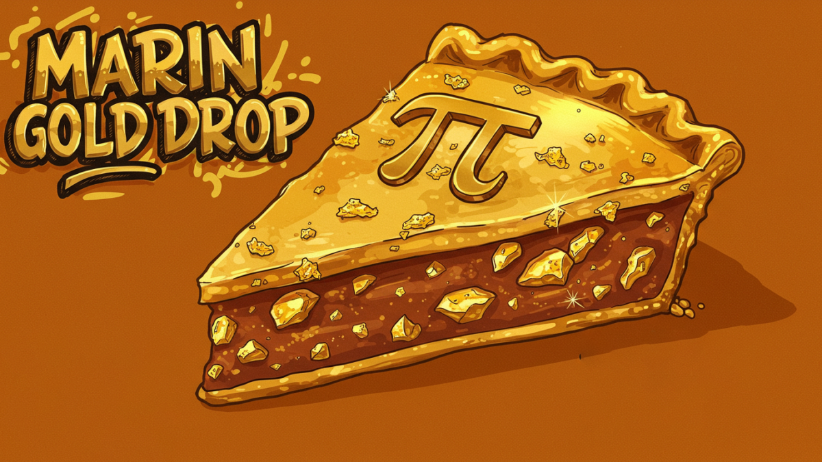 A stylized digital illustration of a golden pie slice embedded with gold nuggets, featuring the Pi (π) symbol on top. The text "The Gold Drop" is prominently displayed in a bold, gold-themed font, enhancing the luxurious and celebratory theme of Pi Day.