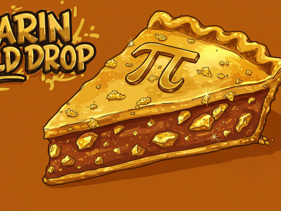A stylized digital illustration of a golden pie slice embedded with gold nuggets, featuring the Pi (π) symbol on top. The text "The Gold Drop" is prominently displayed in a bold, gold-themed font, enhancing the luxurious and celebratory theme of Pi Day.