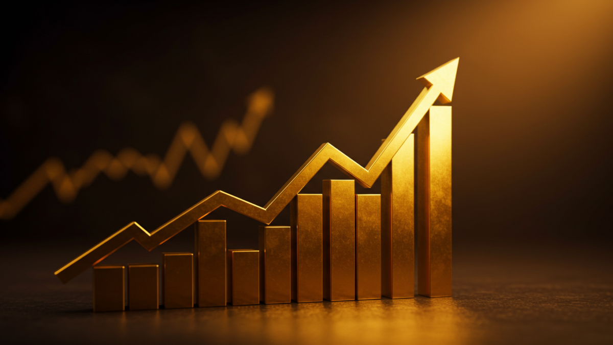 3D golden bar graph with a rising arrow on a dark background, representing business or financial growth.