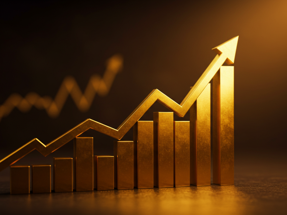 3D golden bar graph with a rising arrow on a dark background, representing business or financial growth.