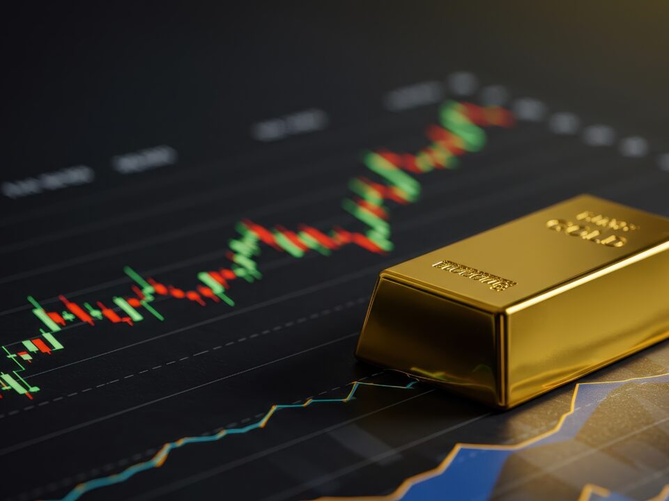 Gold bar in front of a market chart