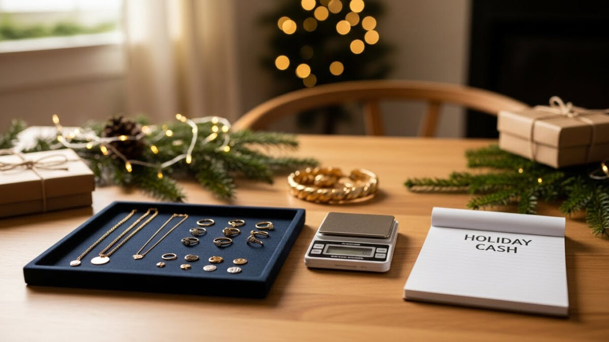 Assorted gold rings and necklaces displayed on a tray beside a digital scale and a notepad reading Holiday Cash, set on a holiday-decorated table.