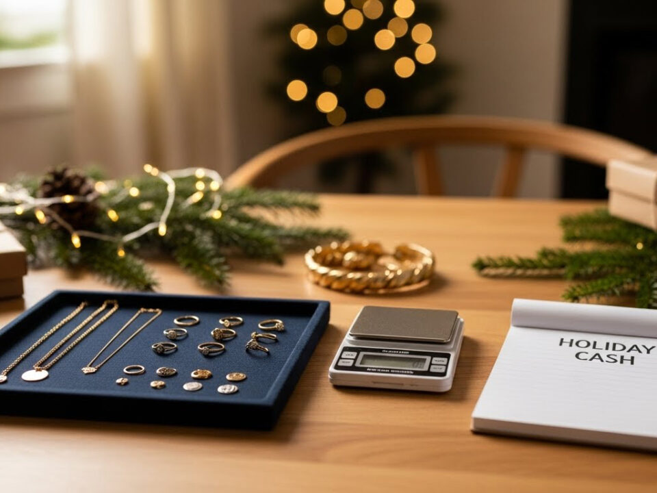 Assorted gold rings and necklaces displayed on a tray beside a digital scale and a notepad reading Holiday Cash, set on a holiday-decorated table.