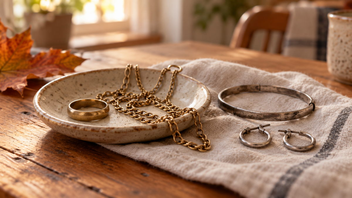 Worn gold and silver jewelry on a ceramic dish and linen cloth on a wooden kitchen table.
