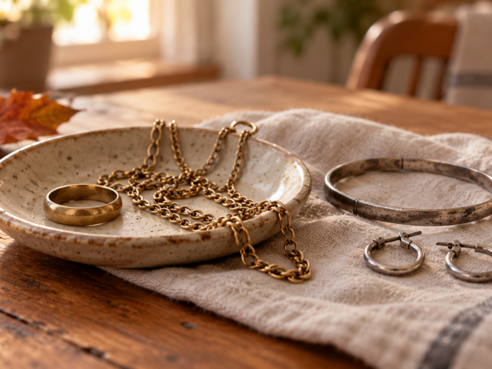 Worn gold and silver jewelry on a ceramic dish and linen cloth on a wooden kitchen table.