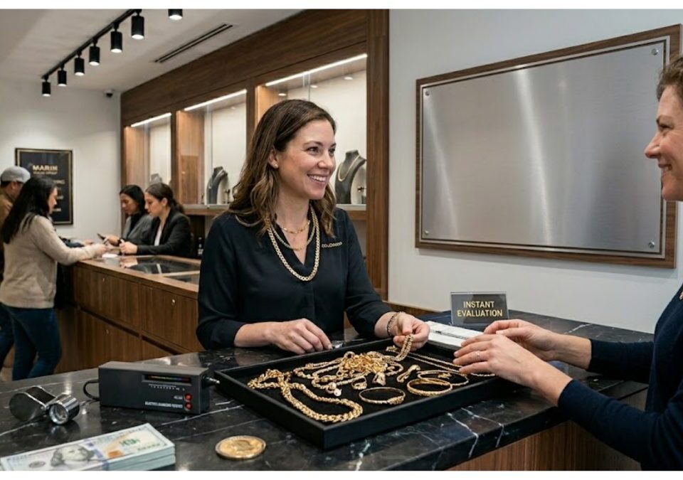Two women in a well-lit jewelry store. One is a smiling store associate assisting a customer who is looking down at a display of rings on the counter.