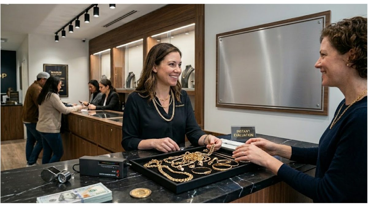 Two women in a well-lit jewelry store. One is a smiling store associate assisting a customer who is looking down at a display of rings on the counter.