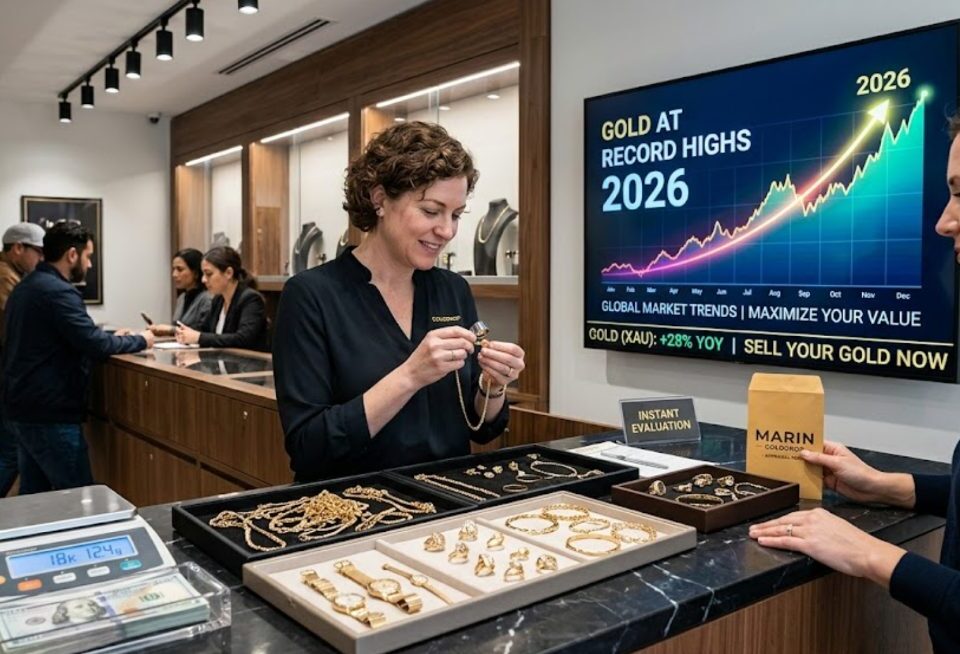 A collection of gold chains, rings, and coins spread across a modern workspace with a digital tablet displaying a rising financial growth chart.