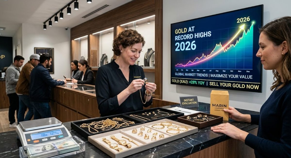 A collection of gold chains, rings, and coins spread across a modern workspace with a digital tablet displaying a rising financial growth chart.